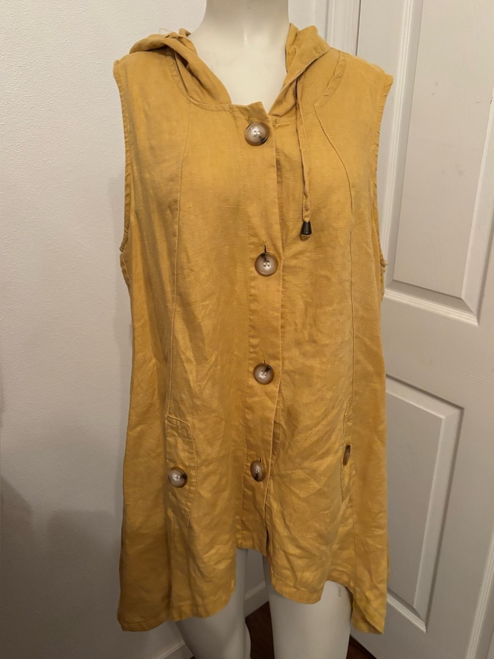 For Cynthia Mustard Yellow Hooded Button Front linen vest/tunic M